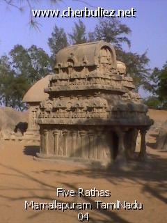 légende: Five Rathas Mamallapuram TamilNadu 04
qualityCode=raw
sizeCode=half

Données de l'image originale:
Taille originale: 101685 bytes
Heure de prise de vue: 2002:03:12 12:43:48
Largeur: 640
Hauteur: 480
